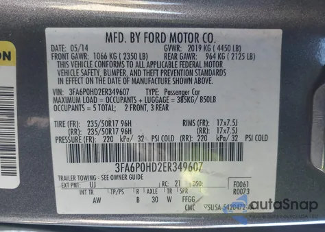 2014 Ford Fusion Se из США, поврежденный, VIN 3FA6P0HD2ER349607